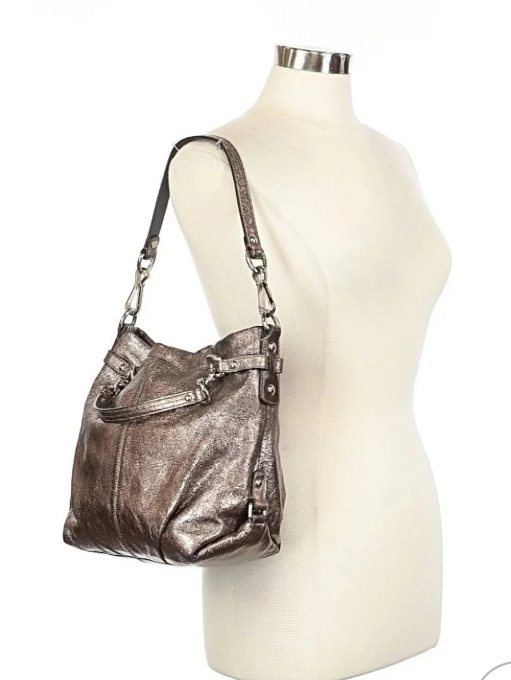 Coach Metallic Pewter Leather Tote - Silver/Brown Tone